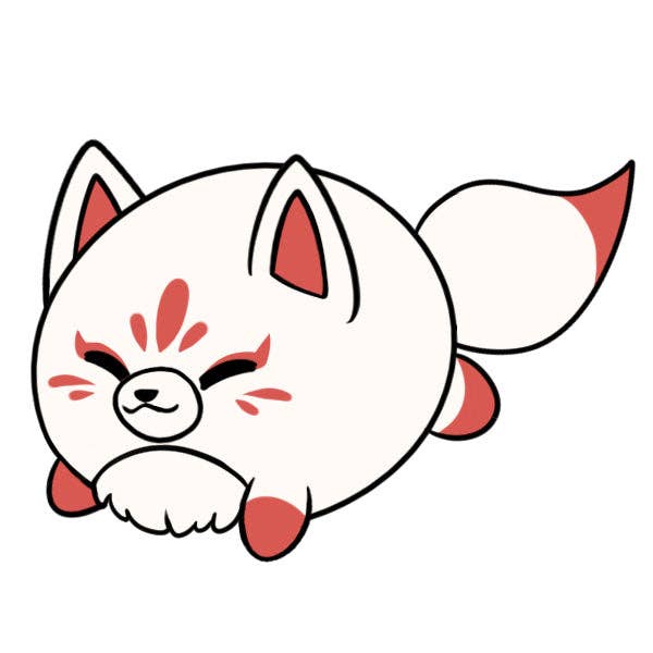 Red-and-white kitsune character design with whisker-like accents and small paws.