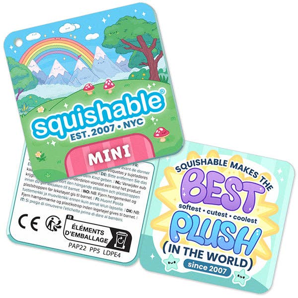Squishable Mini tag cards with rainbow, best plush text, and soft-cute-cool style badges.