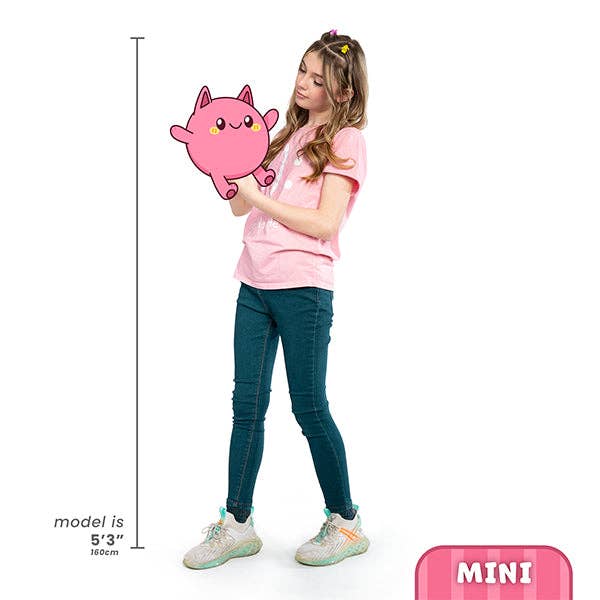 Pink cat-themed mini plush graphic with a standing model and size "MINI" label.