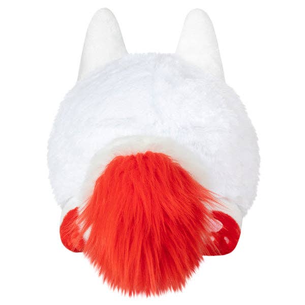 White mini kitsune plush front view with red ear tips and large red fluff tail base.