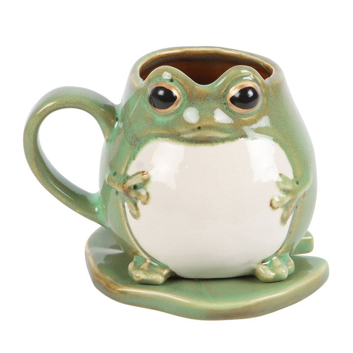 Ceramic Frog Mug with Lily Pad Saucer
