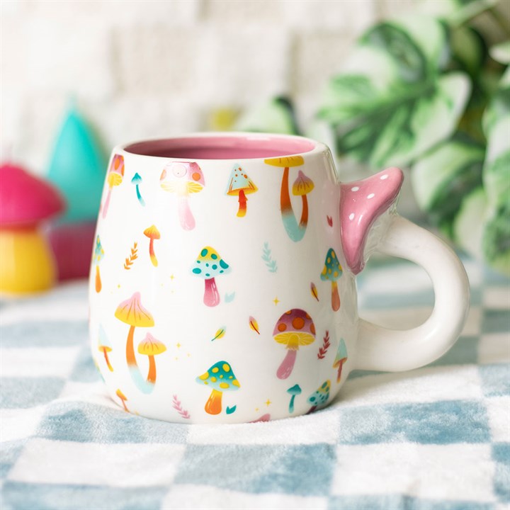 Mushroom Print Ceramic Mug with 3D Handle