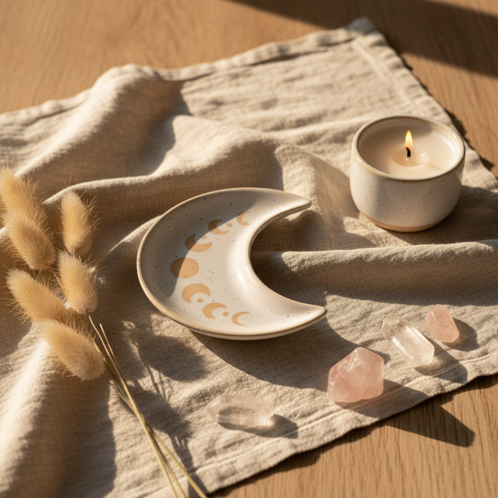 Ceramic crescent trinket tray with moon phase pattern