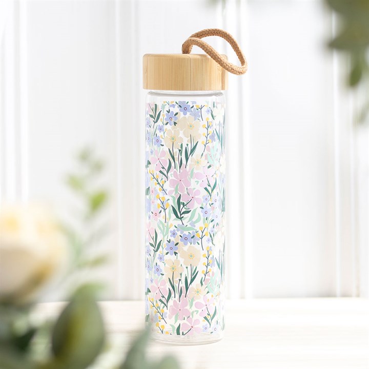 Floral Glass and Bamboo Lid Water Bottle