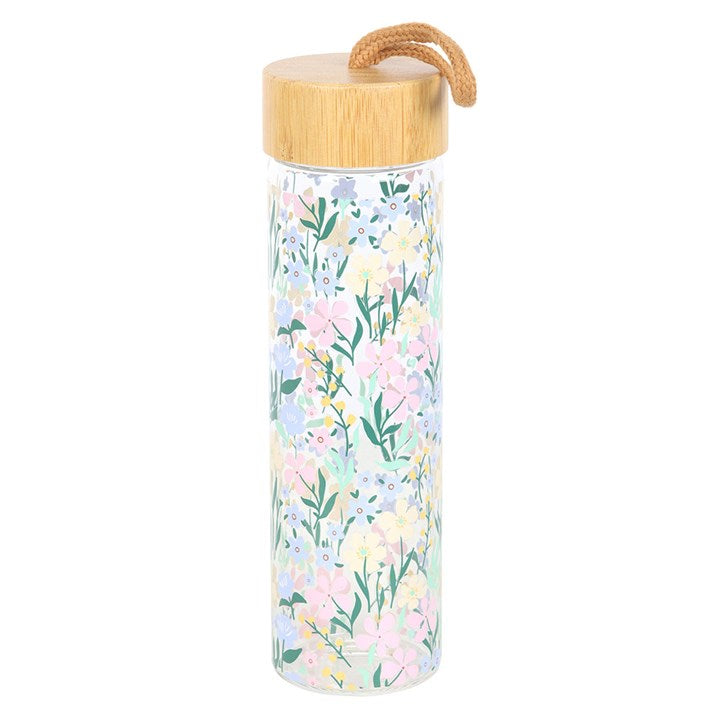 Floral Glass and Bamboo Lid Water Bottle