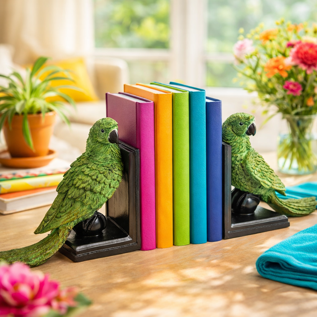 Green parrot bookends holding colorful books, pair