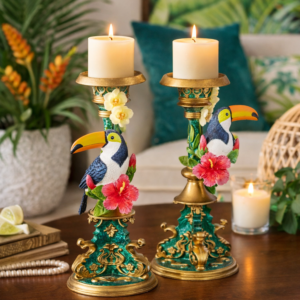 Ornate toucan candle holders, teal and gold with flower accents, holds taper candles