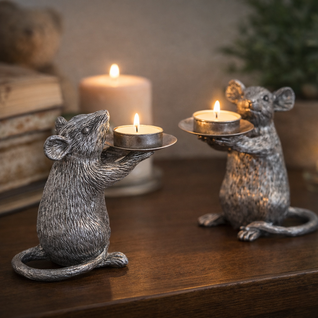 Silver mouse candle holder figurines, each holding a small tea light candle.