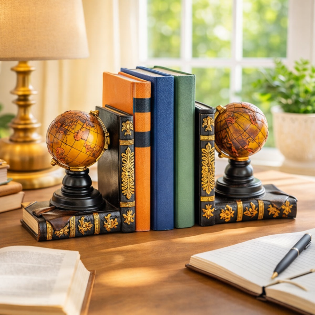 Set of 2 globe bookends with black bases and striped vintage books
